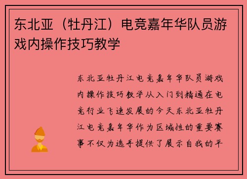 东北亚（牡丹江）电竞嘉年华队员游戏内操作技巧教学
